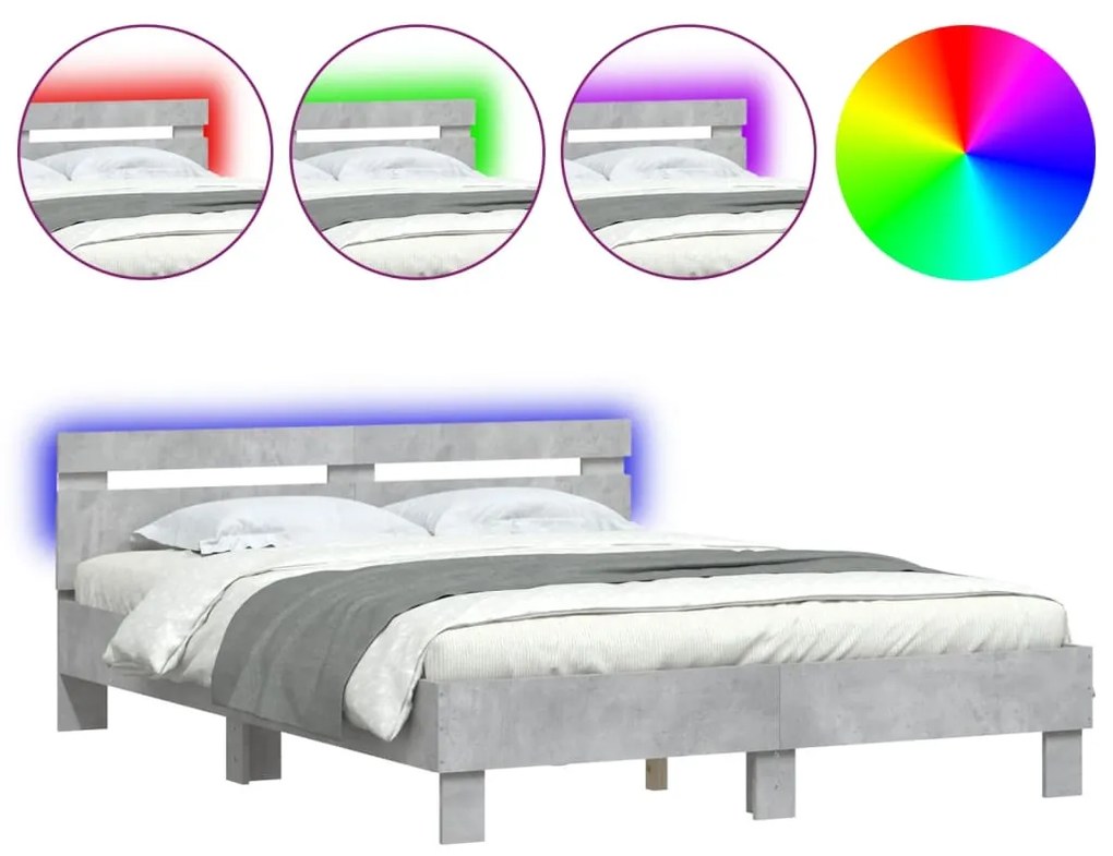 3207563 vidaXL Cadru de pat cu tăblie și LED, gri beton, 140x190 cm