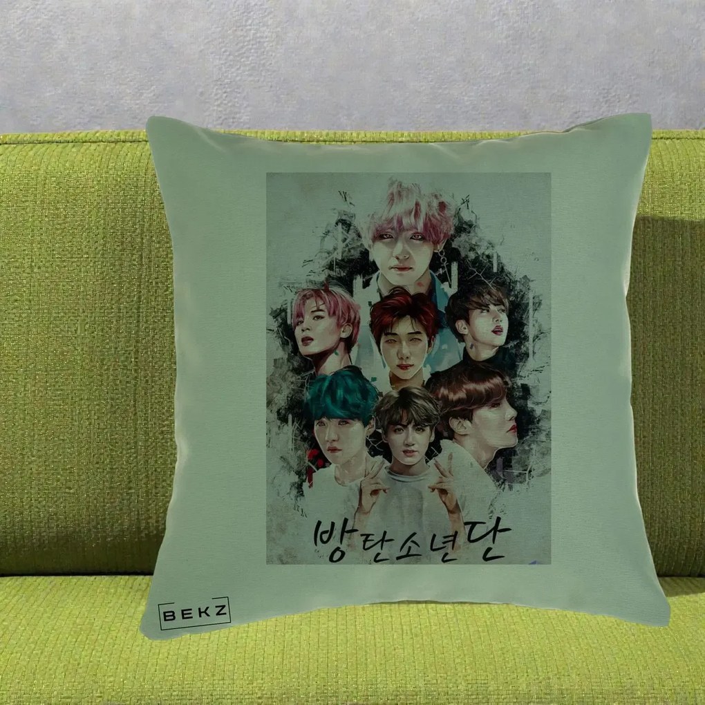 Perna Personalizata K-pop BTS Bangtan Boys Poster Artistic Negru Alb, 40x40 cm, Verde, Husa Detasabila, Perna Inclusa, BEKZ®
