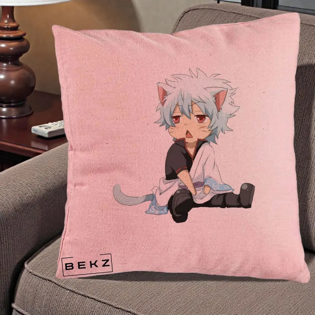 Perna Personalizata Gintama Gintoki Chibi Pisica, 40x40 cm, Roz, Husa Detasabila, Perna Inclusa, BEKZ®