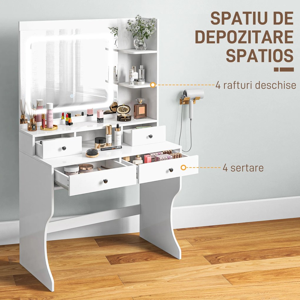 HOMCOM Masă de Toaletă cu Oglindă Iluminată LED, Masă de Machiaj cu Stație de Încărcare, 4 sertare și rafturi de depozitare, 90x45x160 cm, Alb