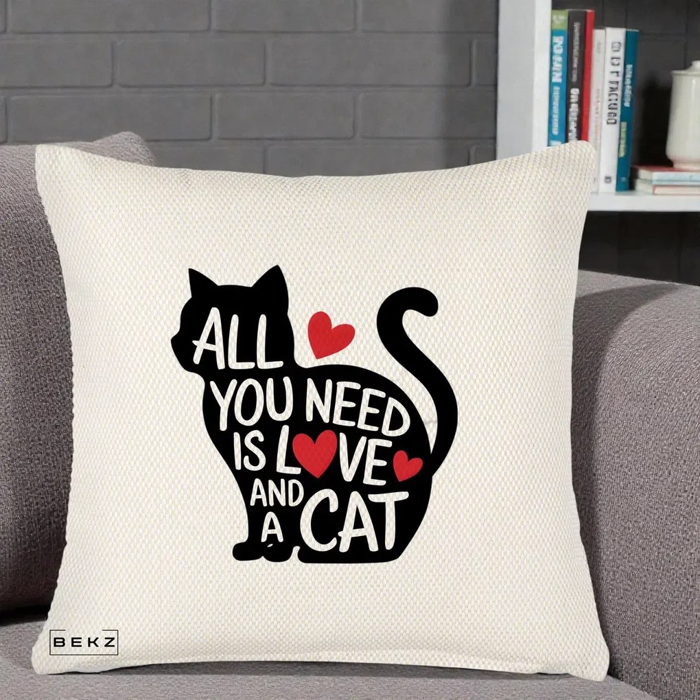Perna Personalizata All You Need is Love and a Cat, 40x40 cm, Crem Reliefat, Husa Detasabila, Perna Inclusa, BEKZ®