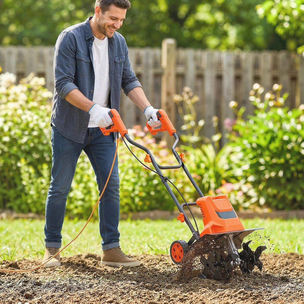 Outsunny Motobineusă electrică 1500W cu mâner pliabil, lățime de lucru 40 cm, adâncime de arat 9 cm, 6 lame, portocaliu | Aosom Romania