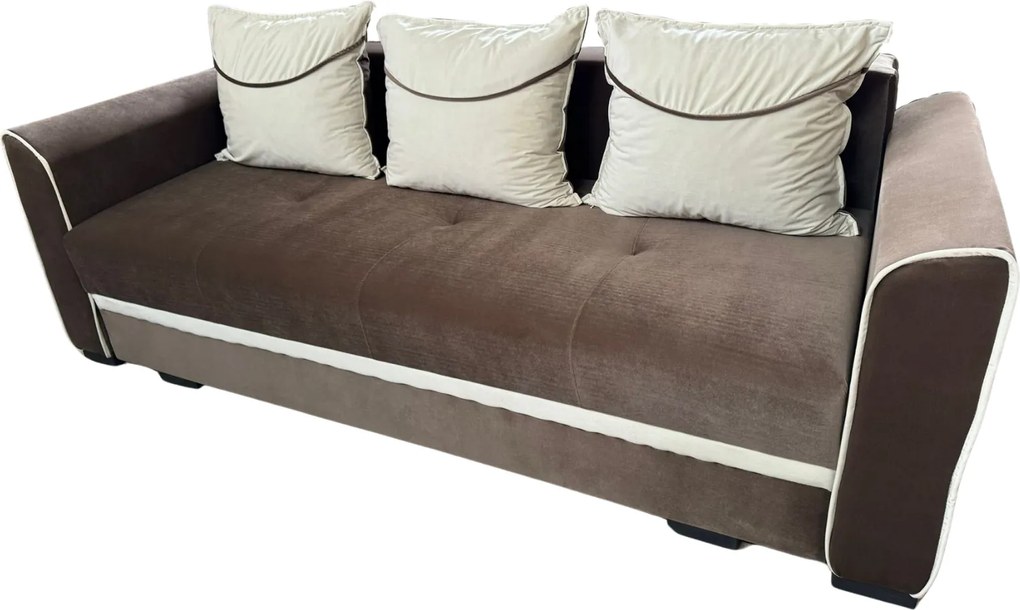 Canapea LILI extensibila, 3 locuri, cu lada de depozitare, catifea maro + crem , 220x95x80 Maro + Crem, Catifea