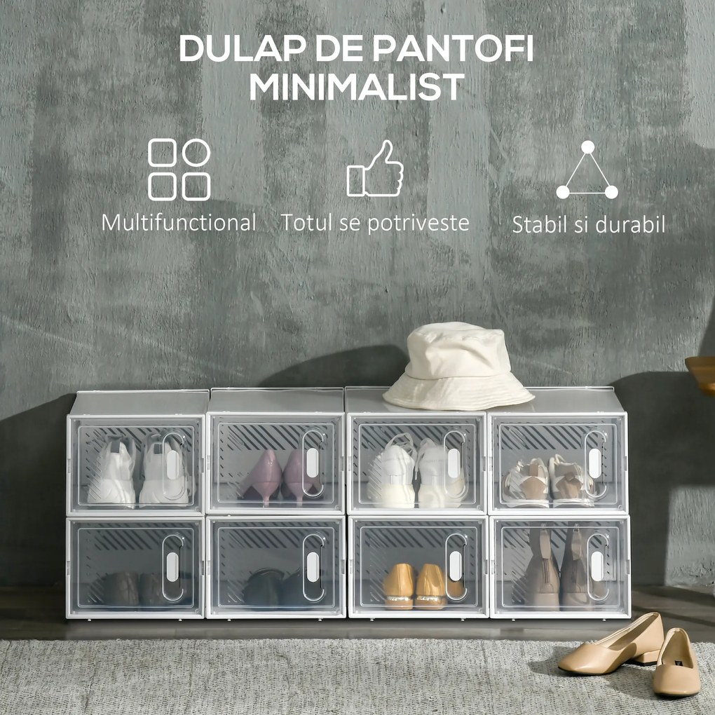 HOMCOM Pantofar Modular cu 8 Cuburi de Depozitare și Uși Magnetice, Cuburi din PP, 25x35x19 cm, Alb și Transparent | Aosom Romania