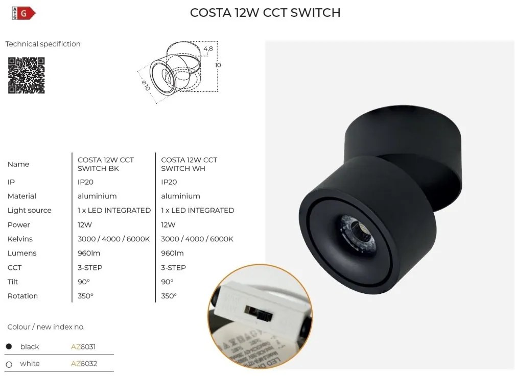 Spot LED aplicat reglabil COSTA 12W CCT SWITCH