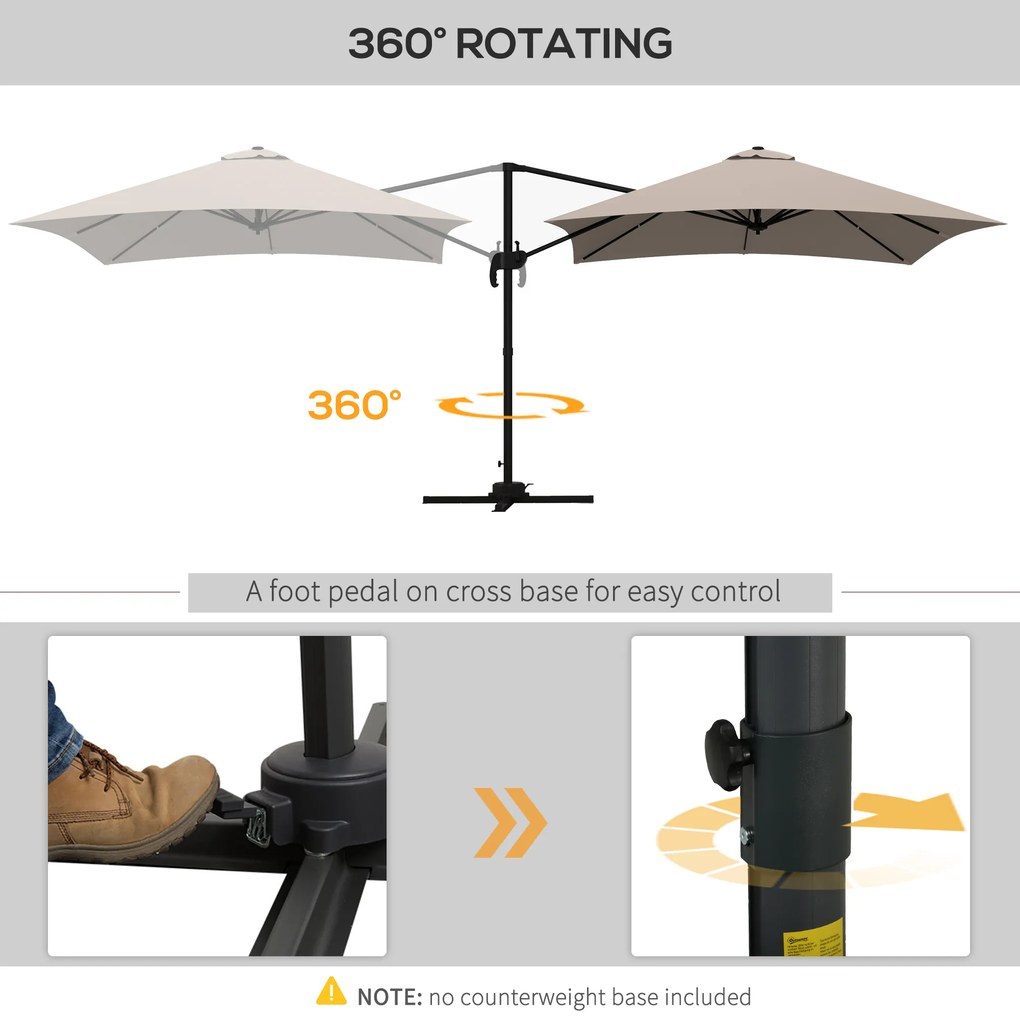 Outsunny Umbrelă de Soare cu 8 Lamele cu Pedală și Manivelă, Umbrelă de Soare din Aluminiu și Poliester, 295x295x266 cm, Kaki | Aosom Romania