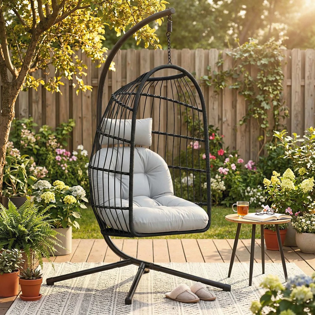 Outsunny Scaun Suspendat Tip Ou, Leagăn pentru Exterior cu Suport și Centură de Siguranță, Negru/Gri Deschis | Aosom Romania