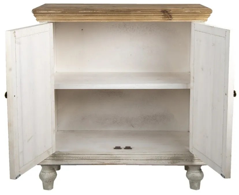 Comodă shabby chic din lemn, alb antichizat, cu detalii sculptate manual, „Fleur de Lys”