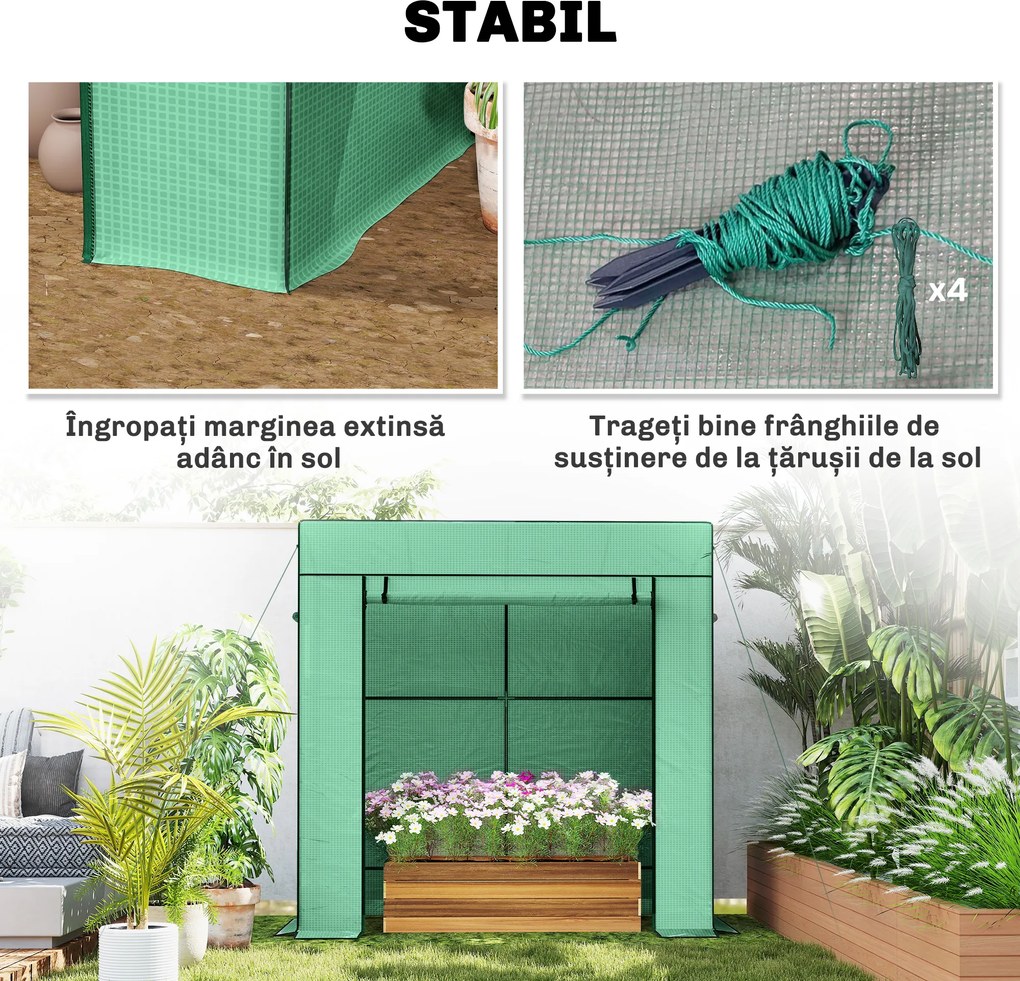 Outsunny Seră de Grădină cu Acoperiș Înclinat, 2 Ferestre și Ușă Rulabilă, Seră pentru Grădină cu Structură din Oțel, Acoperire din PE Anti-UV, pentru Grădină Legume Flori Plante, 196x77x197 cm, Verde | Aosom Romania
