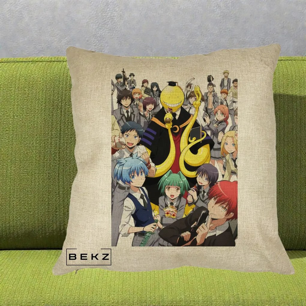 Perna Personalizata Assassination Classroom Grup Complet Anime, 40x40 cm, Crem, Husa Detasabila, Perna Inclusa, BEKZ®