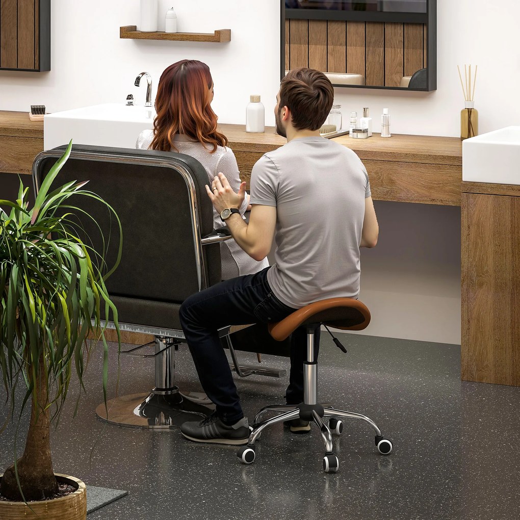 HOMCOM Taburet cu roți, scaun de lucru cu înălțime reglabilă 49-61 cm și șa ergonomică, 52x53x49-61cm, maro | Aosom Romania