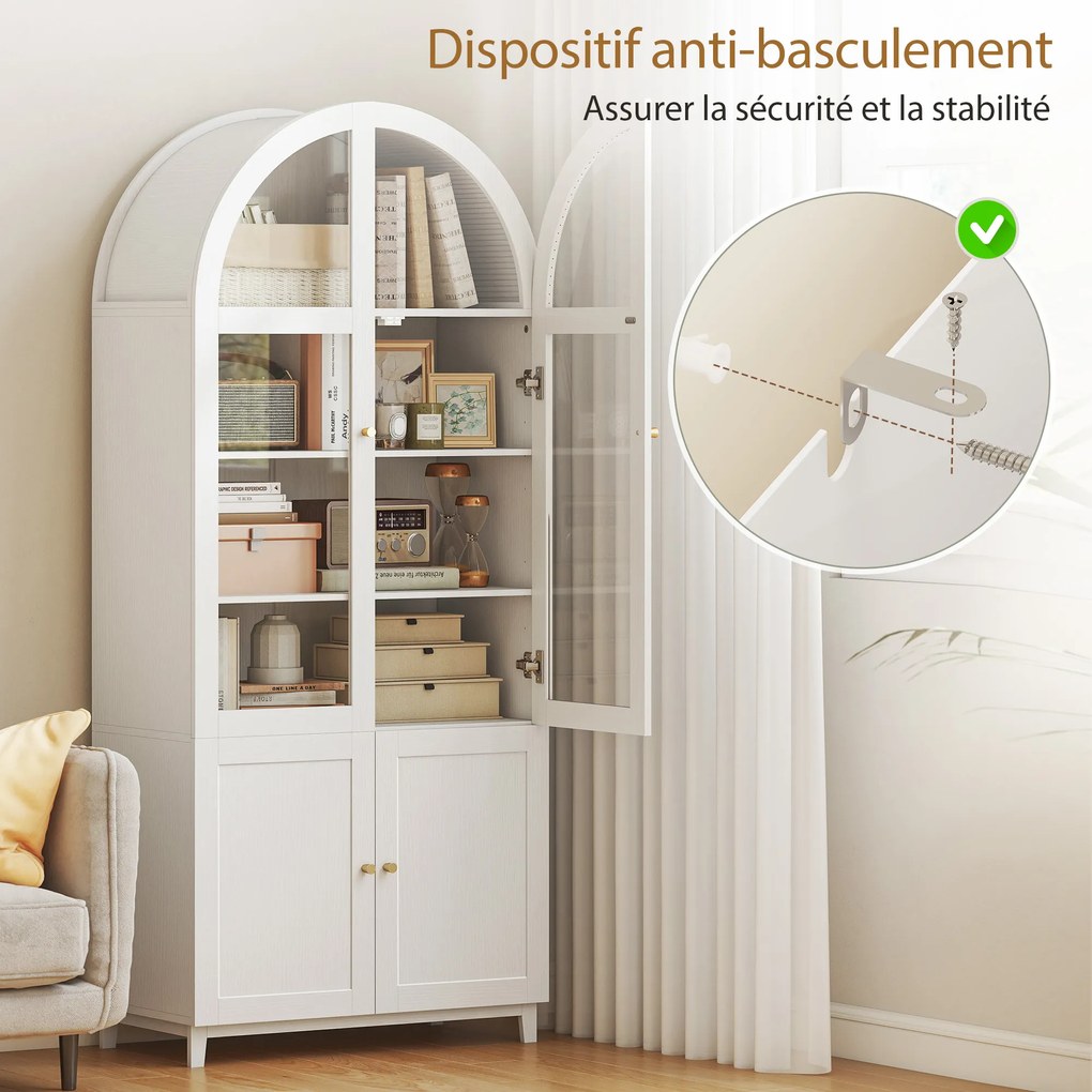 HOMCOM Dulap de bucătărie, vitrină pentru veselă cu 4 uși dintre care 2 din acrilic și rafturi reglabile, 78 x 40 x 180 cm, alb | Aosom Romania