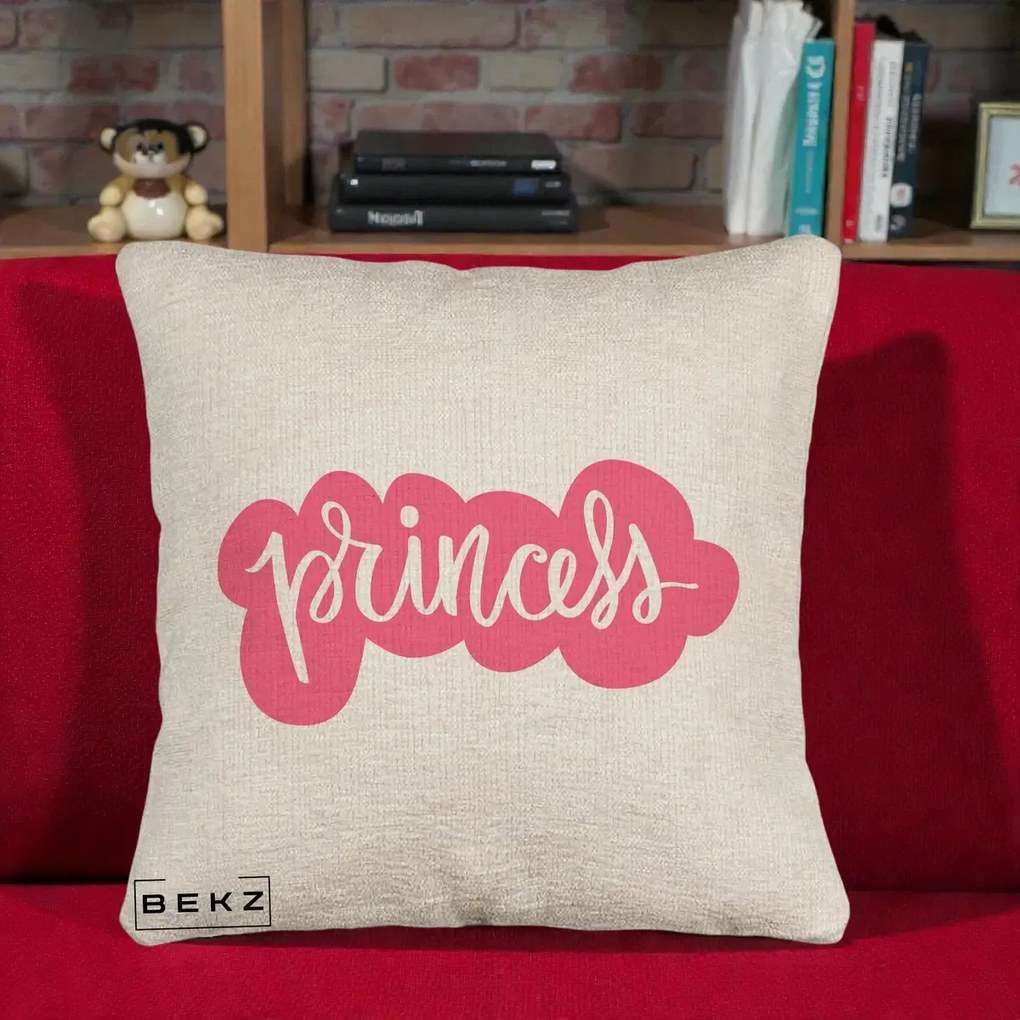 Perna Decorativa Princess Text Roz, 40x40 cm, Bej Canapea, Husa Detasabila, Perna Inclusa, BEKZ®