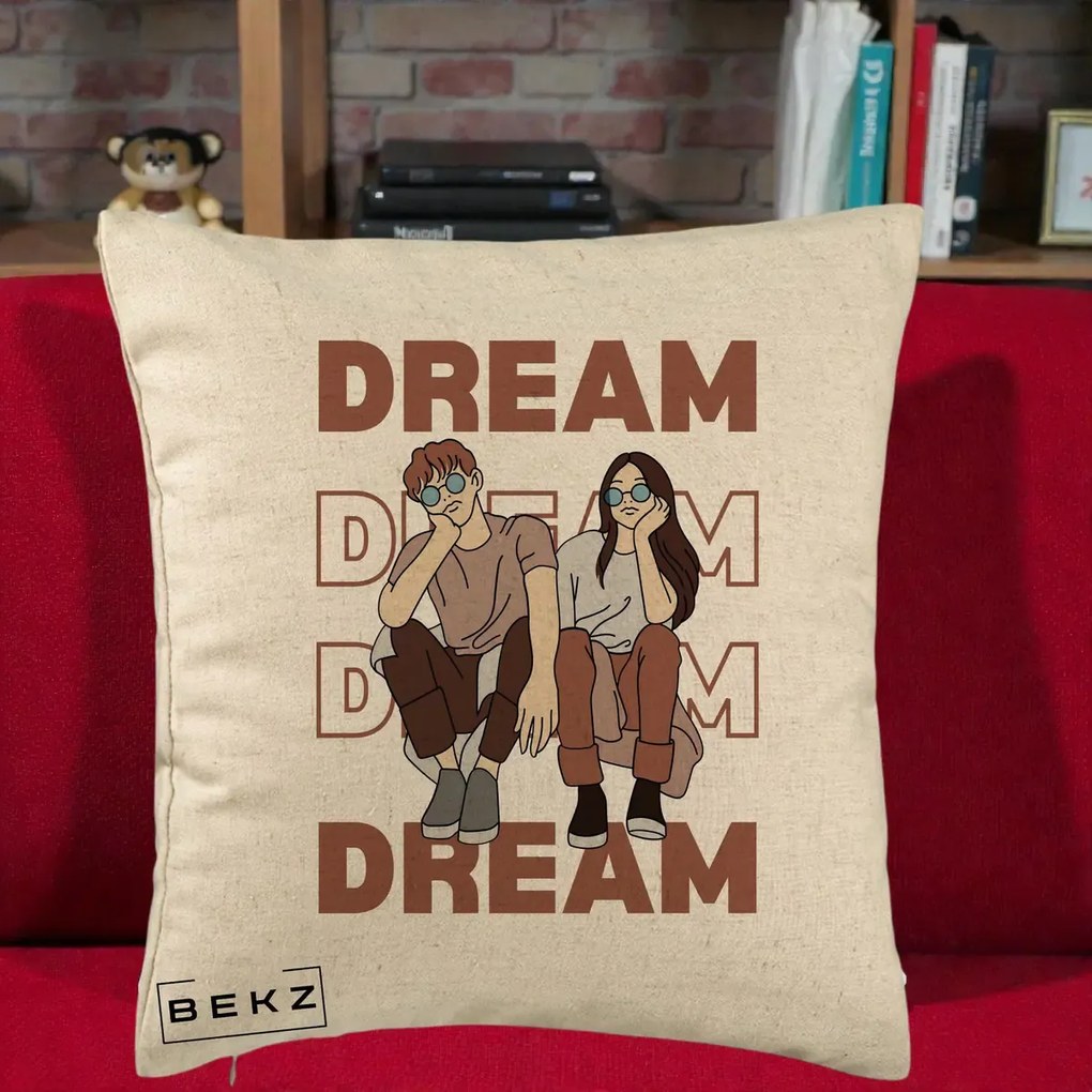 Perna Decorativa Dream Couple Aesthetic, 40x40 cm, Bej, Husa Detasabila, Perna Inclusa, BEKZ®