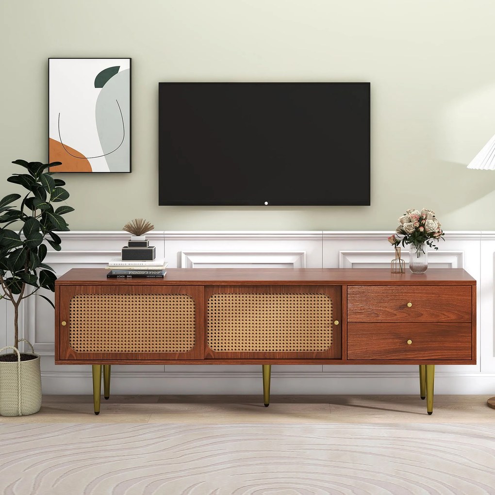 Mobilier TV elegant cu uși glisante din ratan, Culoare naturală | Aosom Romania