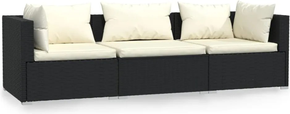 vidaXL Canapea de grădină cu perne, 3 locuri, negru, poliratan
