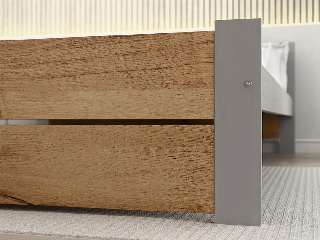 Pat de o persoana IKAROS DOUBLE 90 x 200 cm, stejar artisan/gri Saltele: Cu saltele Somnia 18 cm, Somiera pat: Cu lamele drepte