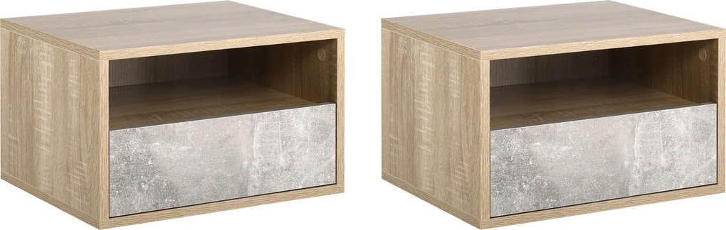 HOMCOM Set de 2 Noptiere Suspendate din Lemn cu Sertar și Raft Deschis, Design Modern, Gri și Lemn, Dimensiuni 45x35x27.5cm | Aosom Romania