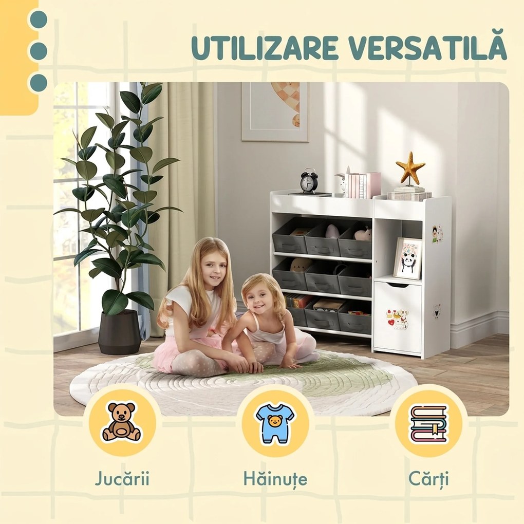 AIYAPLAY Raft pentru jucării copii din lemn cu 9 cutii detașabile și dulăpior, 92x30x80 cm, alb | Aosom Romania