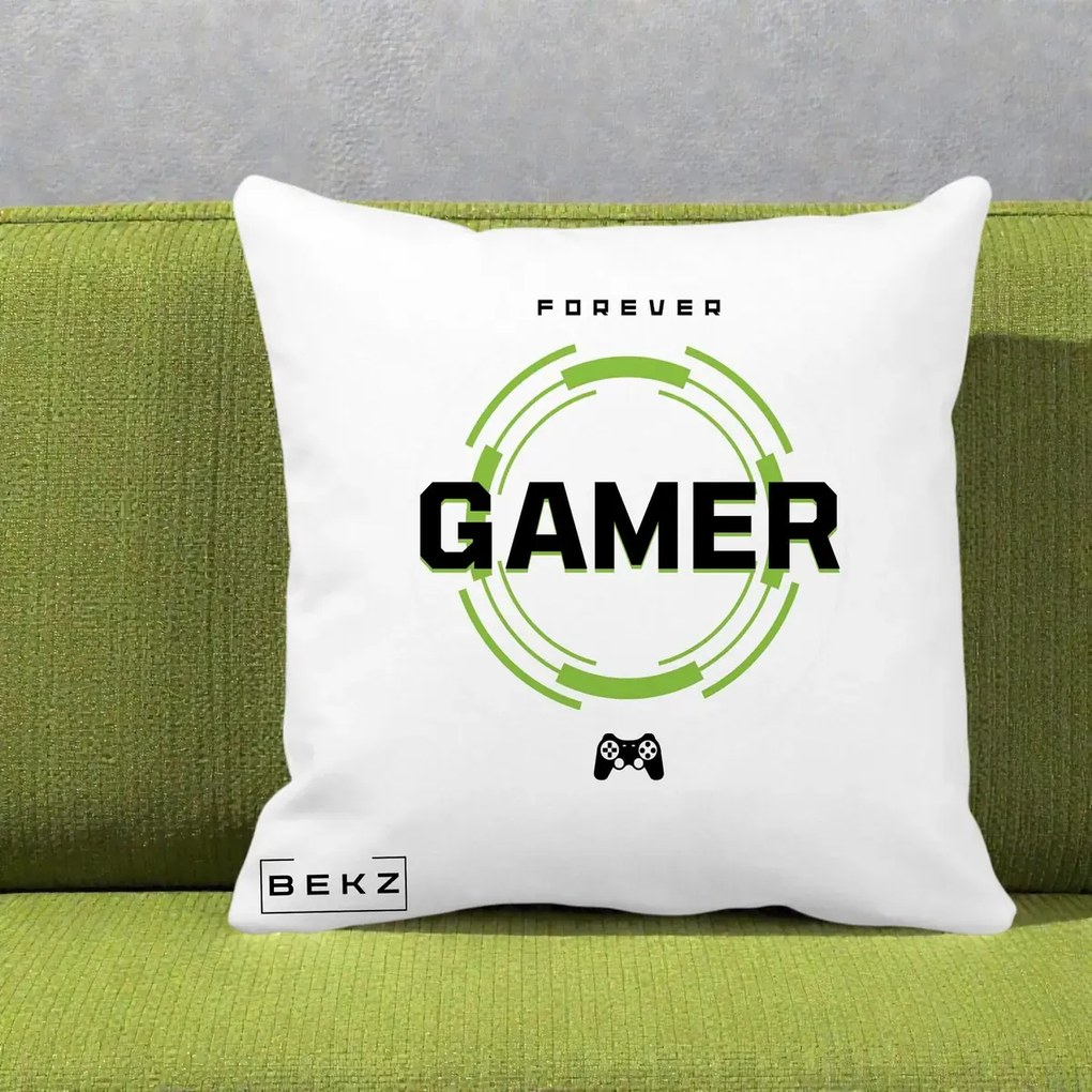 Perna Personalizata Forever Gamer, 40x40 cm, Alba Mata, Husa Detasabila, Perna Inclusa, BEKZ®
