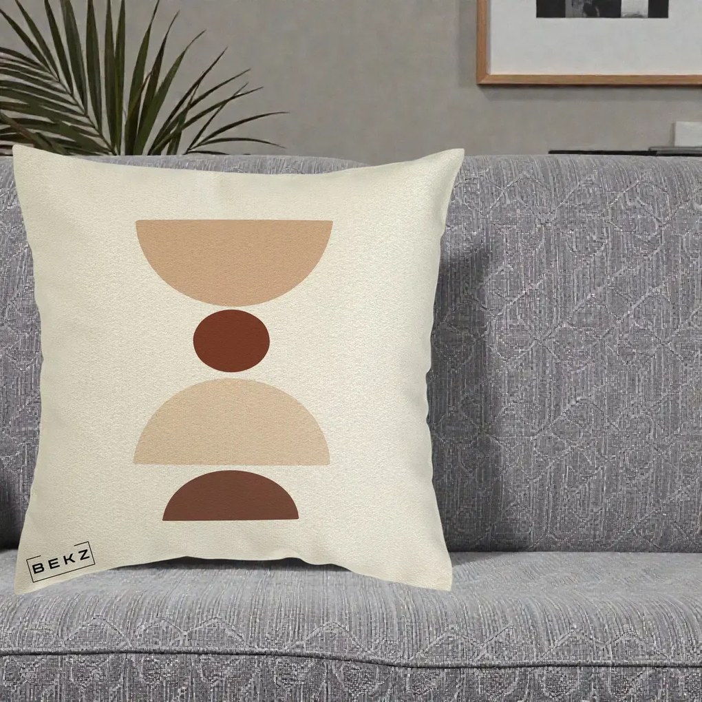 Perna Decorativa Geometric Boho Cerc si Boluri, 40x40 cm, Ecru, Husa Detasabila, Perna Inclusa, BEKZ®