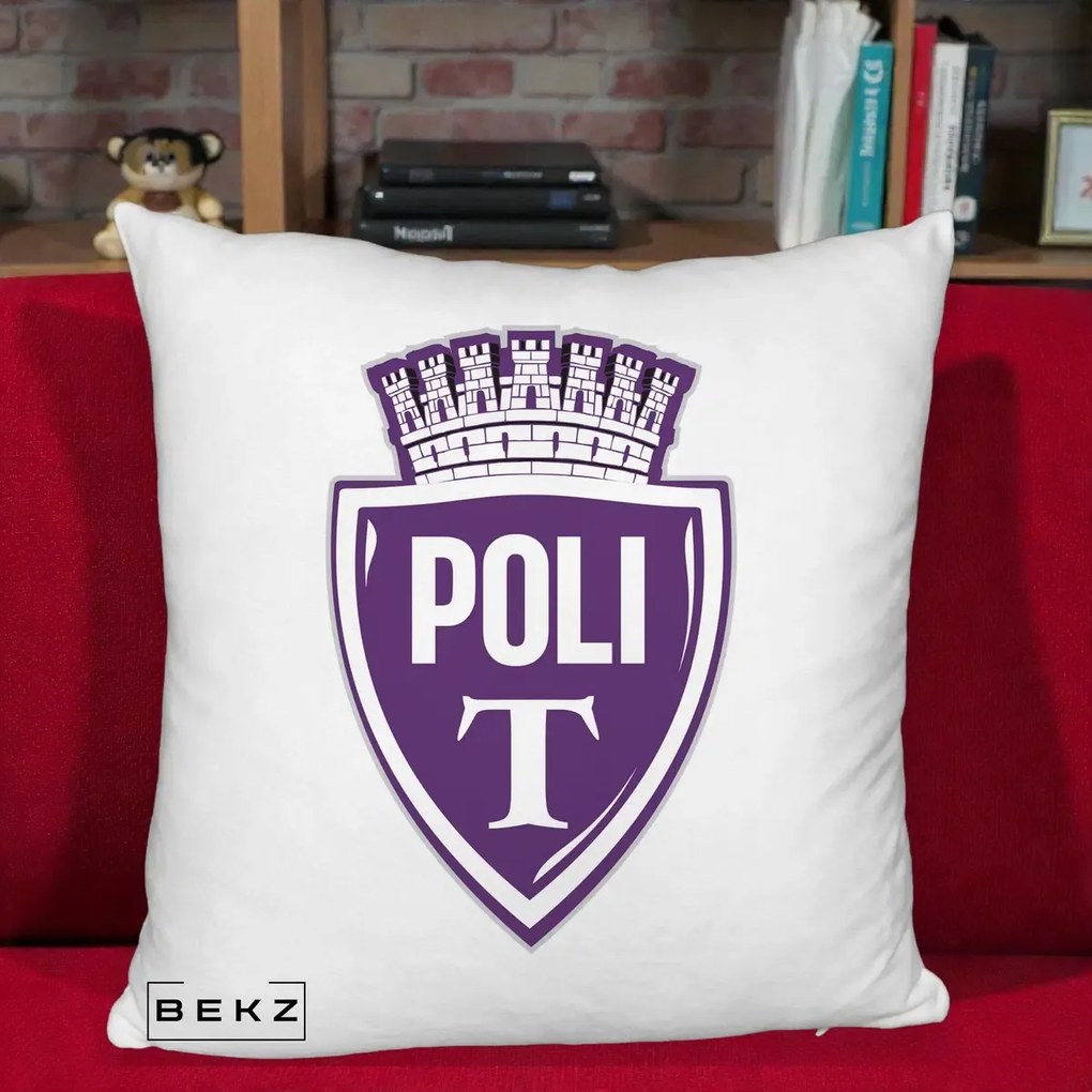 Perna Personalizata Poli Timisoara Fotbal, 40x40 cm, Alb Pufos, Husa Detasabila, Perna Inclusa, BEKZ®