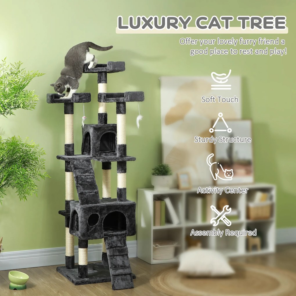 PawHut Albero Tiragraffi per Gatti con Due Cucce in Peluche e Sisal, Grigio, 50x50x170cm