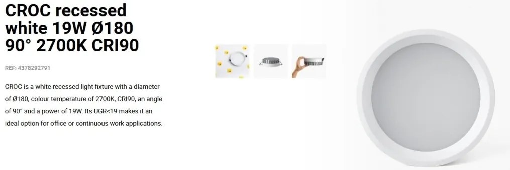 Spot LED incastrabil recessed white 19W 18cm 90 grade 2700K CRI90