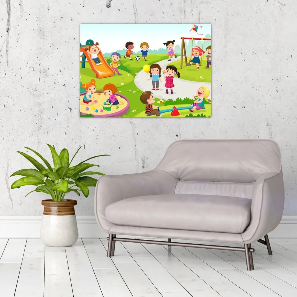 Tablou pe sticlă cu bucuriile copiilor în nisip (70x50 cm)