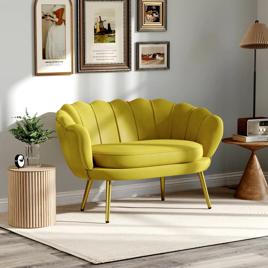 HOMCOM Canapea Modernă de 2 Locuri cu Brațe și Șezut Căptușit, pentru Dormitor și Sufragerie, 130x77x77 cm, Galben | Aosom Romania