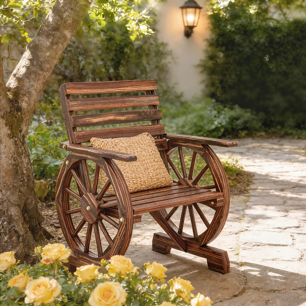 Outsunny Bancă de Grădină din Lemn cu Șipci 1 Loc, Scaun de Exterior cu Cotiere și Roată, Fotoliu Masiv, Șezut Spațios, Spătar Înclinat, Grădină, Curte, Verandă, Carbonizat | Aosom Romania