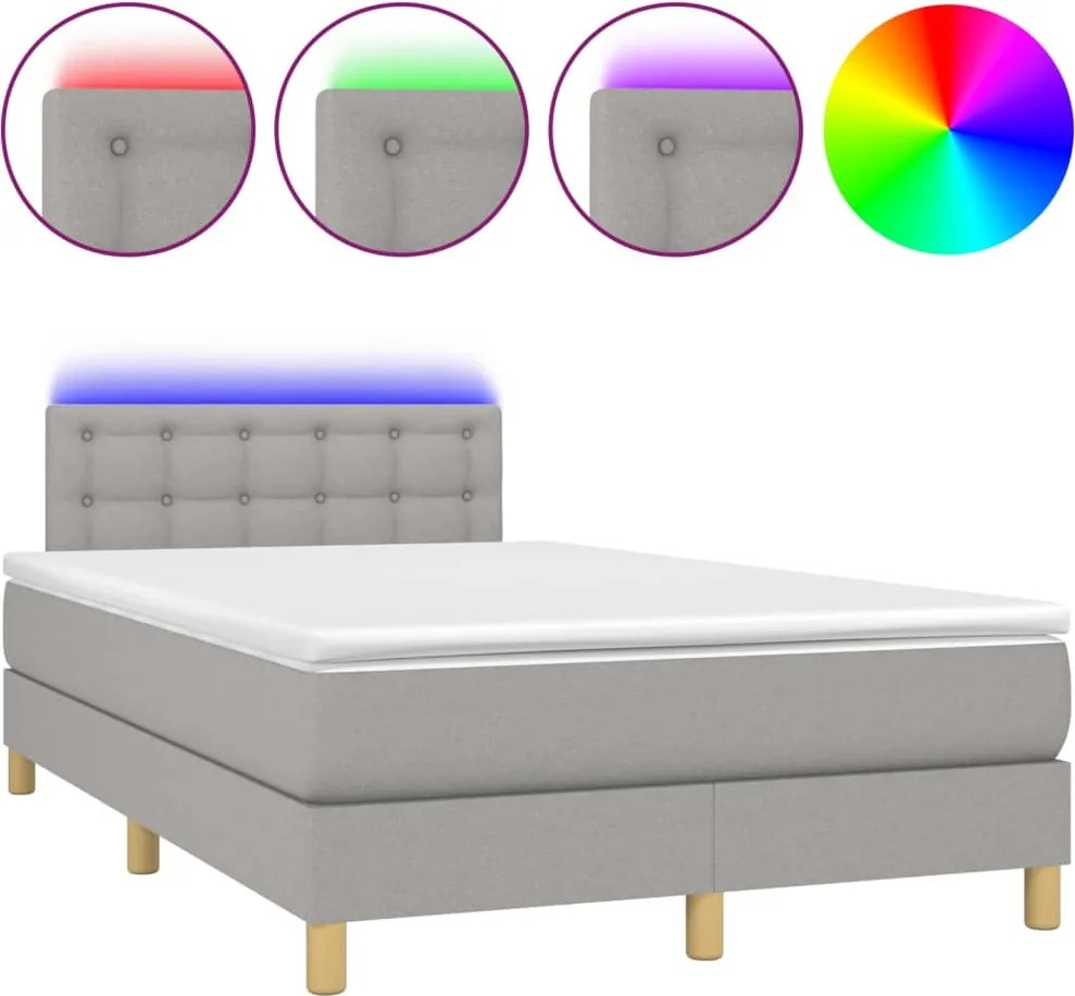 vidaXL Pat cu arcuri, saltea și LED, gri deschis, 120x190 cm, textil