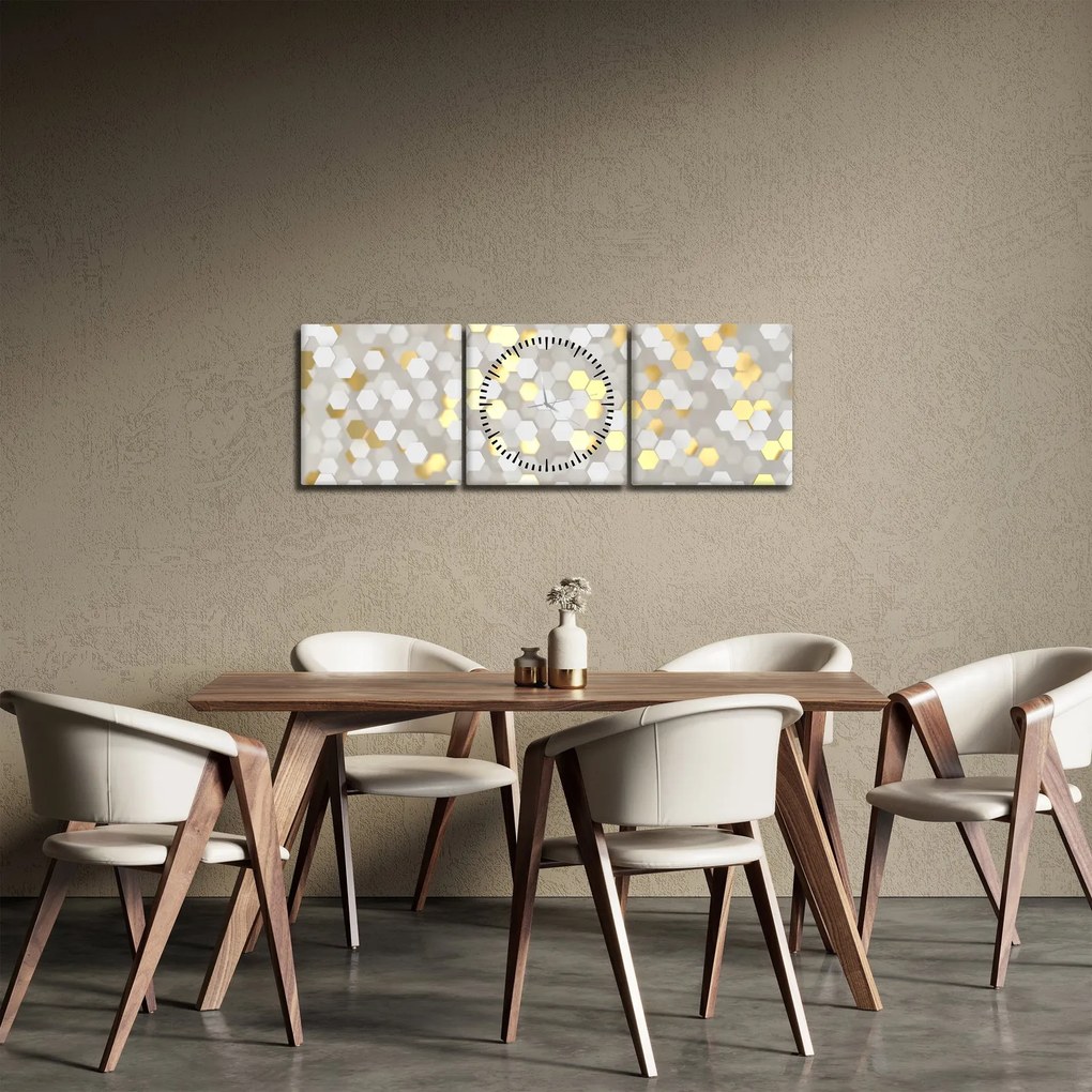 Tablou - Hexagoane alb - auriu (cu ceas) (90x30 cm)