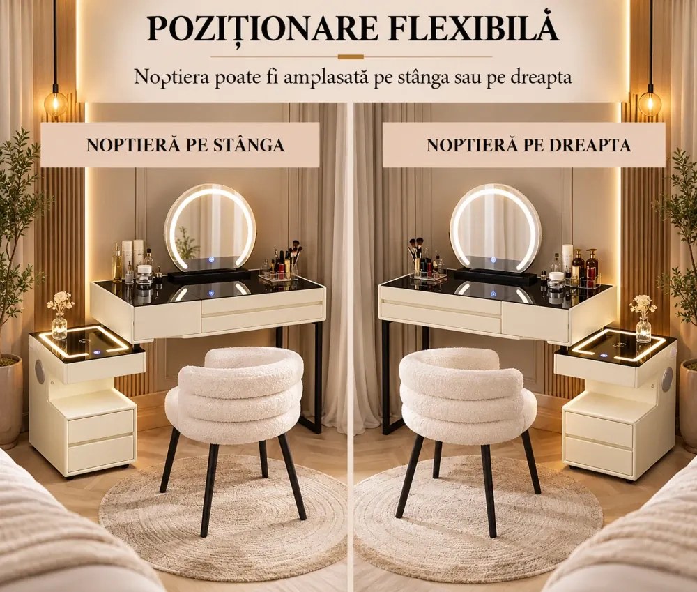 Set BEATRICE – Masă de Toaletă pentru Machiaj, Oglindă Iluminată LED, Control Touch, Incarcare Wireless, USB+C, 5 sertare, Difuzor Bluetooth, Comodă iluminata LED, Scaun