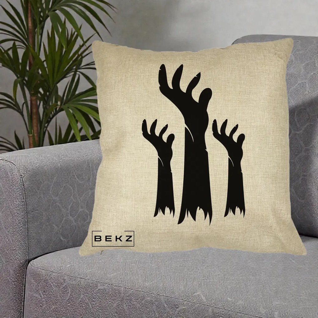 Perna Decorativa Halloween Maini Zombie Alb-Negru, 40x40 cm, Crem, Husa Detasabila, Perna Inclusa, BEKZ®