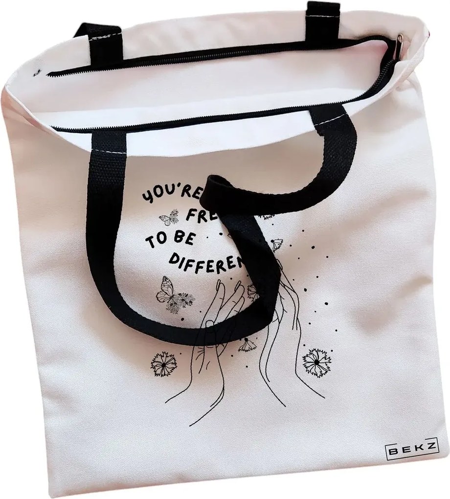 Sacosa de Panza pentru Cumparaturi, Geanta Tote, model You’re free to be different, Cu fermoar, 38x34.5 cm, Alba, BEKZ®