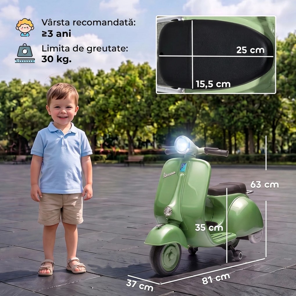 AIYAPLAY Motocicletă Electrică pentru Copii 3+ Ani, Licență VESPA, 6V, cu Roți Ajutătoare Detașabile, Max. 30 kg, Verde | Aosom Romania