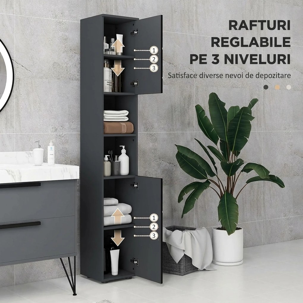 Dulap Baie, Inalt de 183cm cu 2 rafturi deschise si doua dulapuri cu 2 nivele, 30x30x183cm, Negru kleankin | Aosom Romania