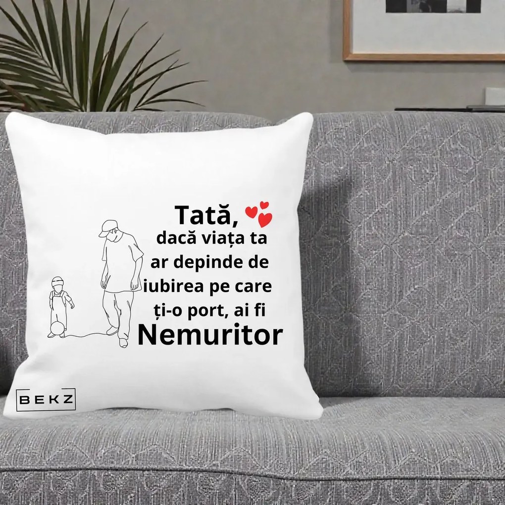 Cadou pentru Tata - Perna Personalizata Tata Nemuritor Joaca cu Mingea, 40x40 cm, Alba Mata, Husa Detasabila, Perna Inclusa, BEKZ®
