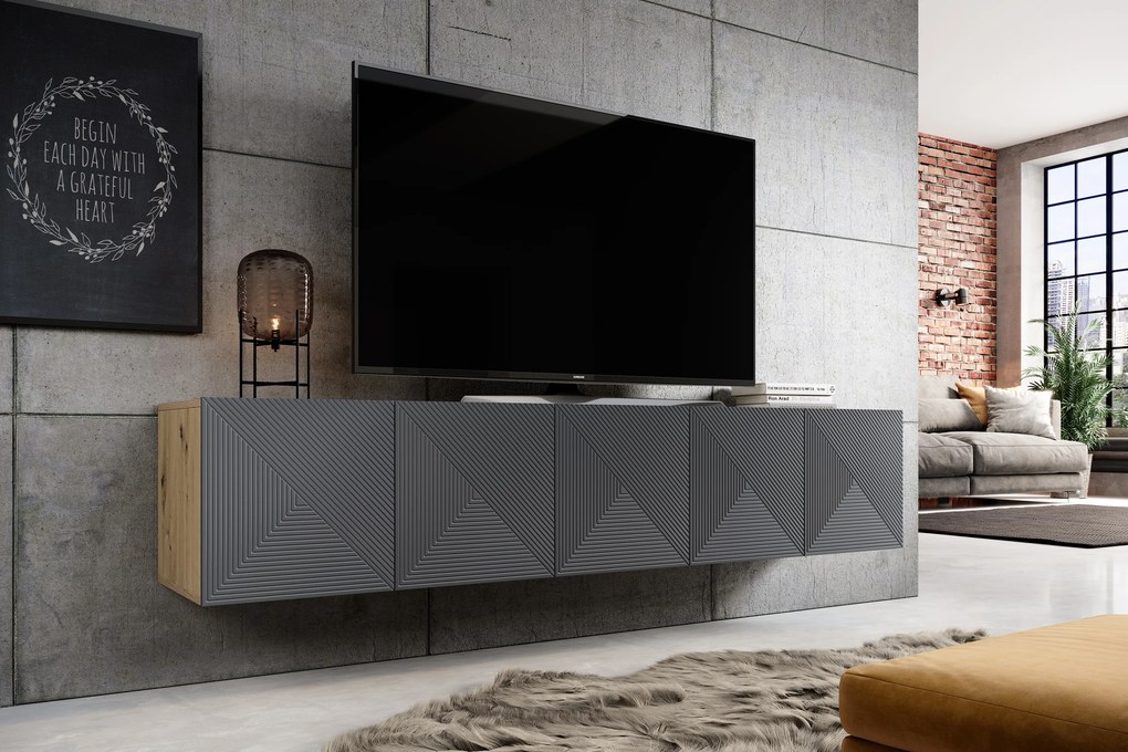 Comodă TV suspendată Asha 200 cm cu front canelat - artisan / rivier stone mat