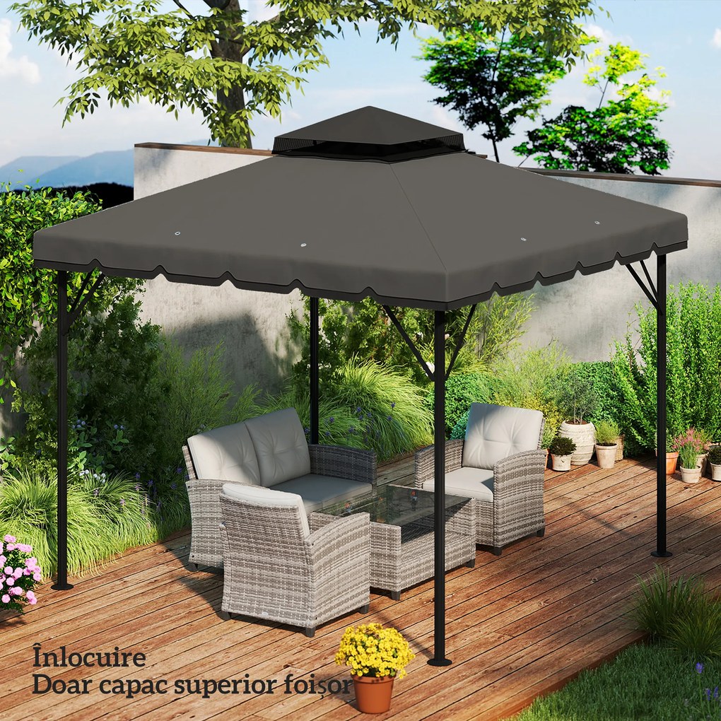 Outsunny Acoperiș de Rezervă pentru Pavilion 3x3 m de Grădină, Husă pentru Pavilion cu Două Nivele Rezistentă la Apă din Țesătură 180g/㎡ Anti-UV 30+ cu 8 Orificii de Drenaj, Gri | Aosom Romania
