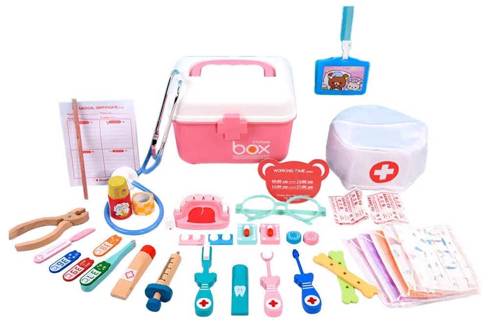 Jucărie dentară din lemn cu 38 de accesorii roz