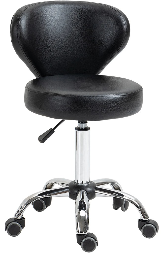 HOMCOM Taburet cu roți taburet de masaj - taburet de lucru pivotant la 360 ° - înălțime ajustabilă 49-64H cm, spătar ergonomic - metal cromat acoperit cu material sintetic negru | Aosom Romania