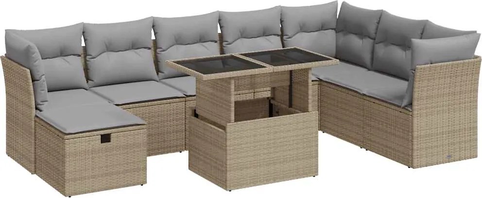 vidaXL Set canapele de grădină, 9 piese, cu perne, bej, poliratan