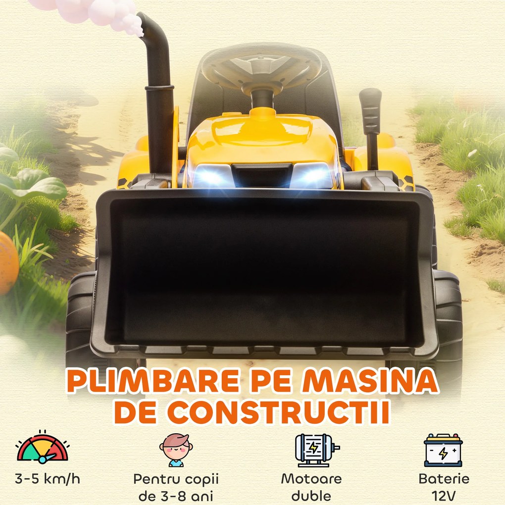 AIYAPLAY Excavator Electric pentru Copii 12V cu Cupă și Remorcă Detașabilă, Tractor Electric de Călărit cu 2 Motoare, Telecomandă, Conexiune Wireless, USB, Lumini și Muzică, 3-8 Ani, Galben | Aosom Romania