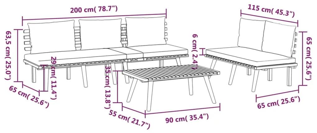Set mobilier de gradina cu perne, 3 piese, lemn masiv de acacia Canapea cu 3 locuri + banca + masa, 1