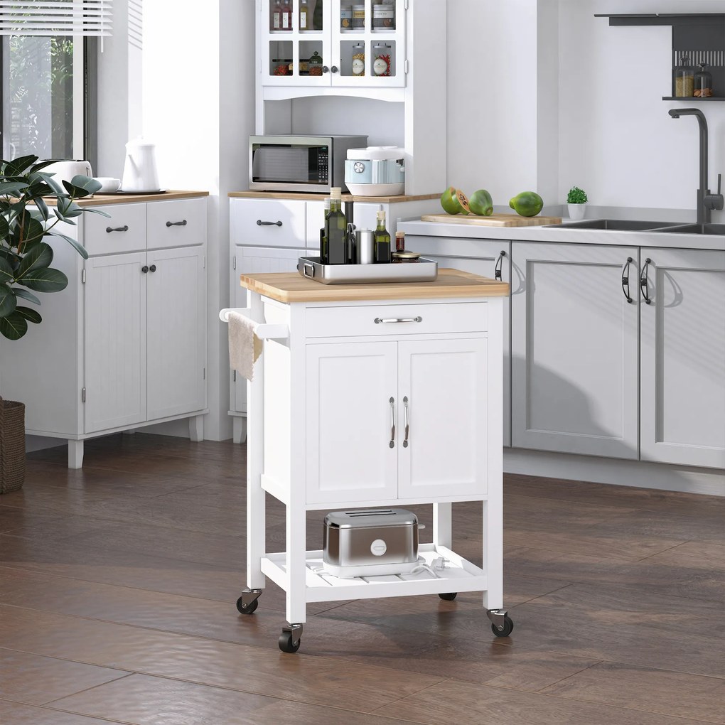 Carucior de bucatarie HOMCOM din lemn alb 65x48x90cm | Aosom RO