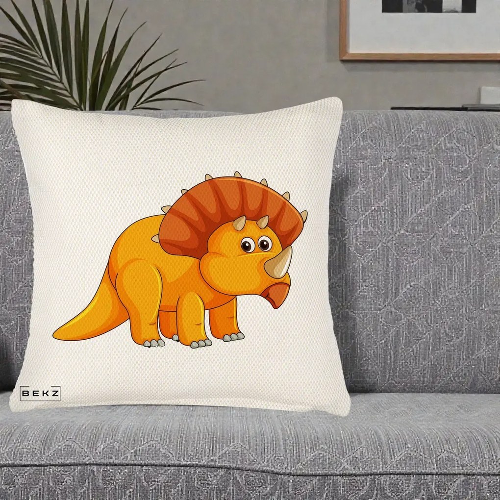 Perna Decorativa Triceratops Portocaliu, 40x40 cm, Crem Reliefat, Husa Detasabila, Perna Inclusa, BEKZ®