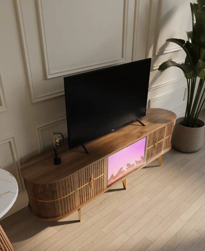 RESIGILAT- Comoda TV cu șemineu electric și riflaje, boxe Bluethooth, telecomandă, Lemn/Auriu, 180x40x50cm