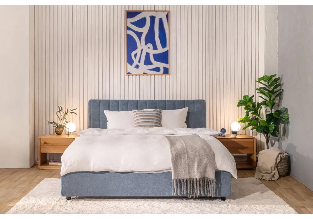 Pat dublu tapițat albastru cu spațiu de depozitare cu saltea/ somieră 180x200 cm Myra Slim Line - Bonami Selection